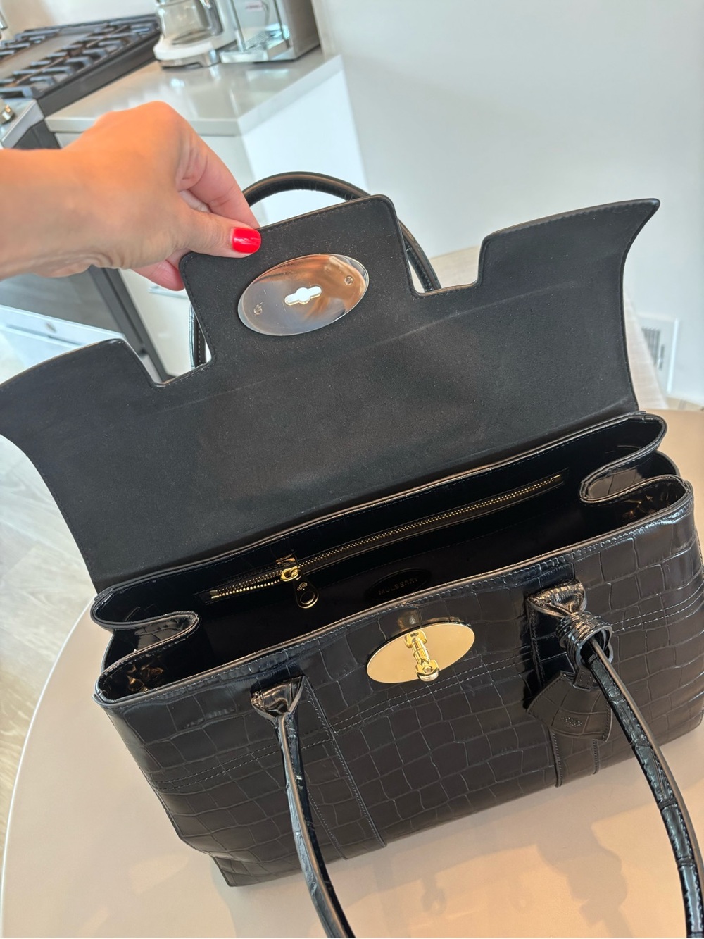 Mulberry Black Croc-Effect Bayswater Top-Handle Satchel with Gold Hardware - Picture 16 of 16